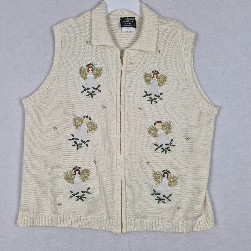 Southern Lady Christmas Angel Embroidered Cream Zip Up knit Sweater Vest Large